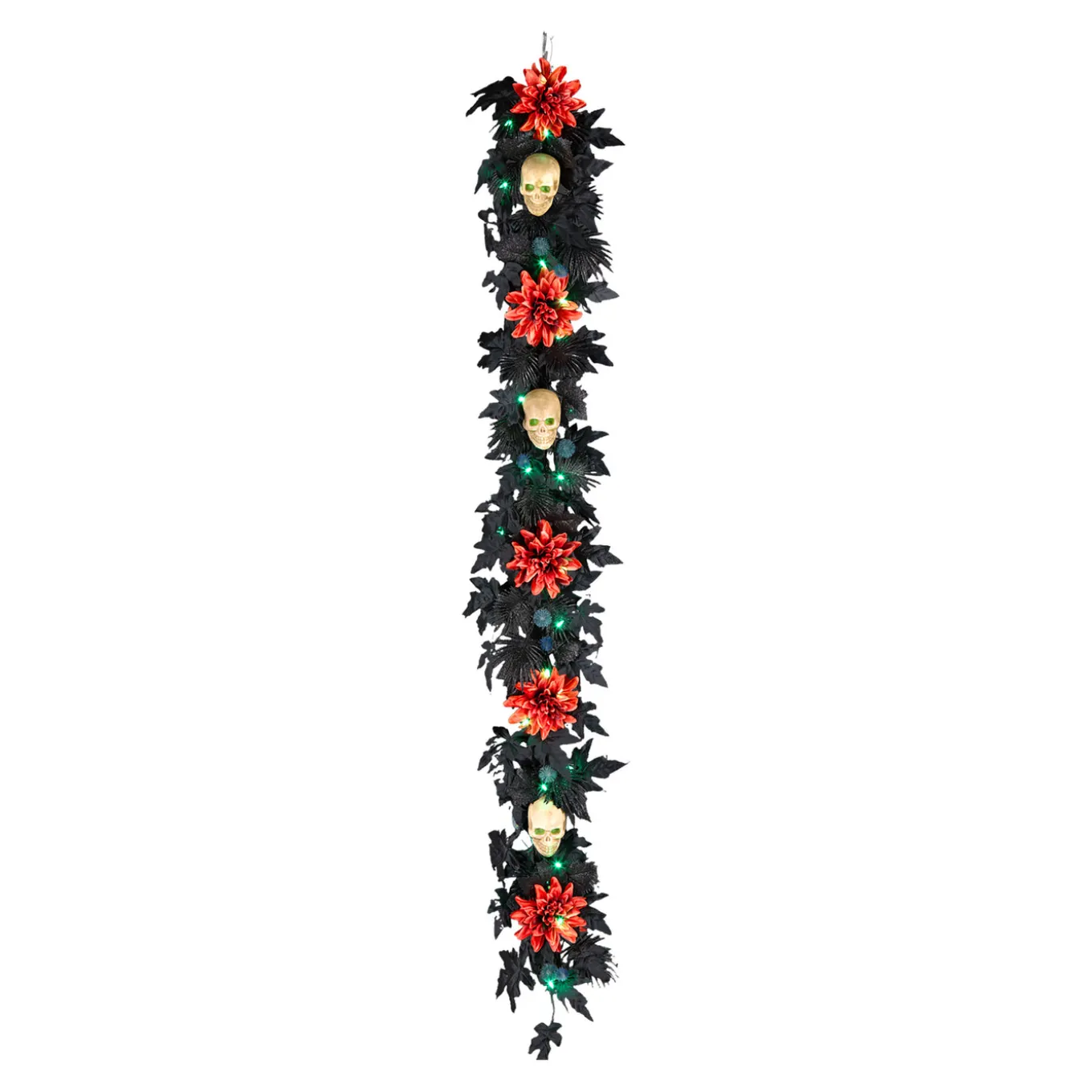 6 ft. Halloween Boo-tiful Garland with Orange Dahlia Flowers, White Skulls, LED Lights