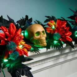6 ft. Halloween Boo-tiful Garland with Orange Dahlia Flowers, White Skulls, LED Lights