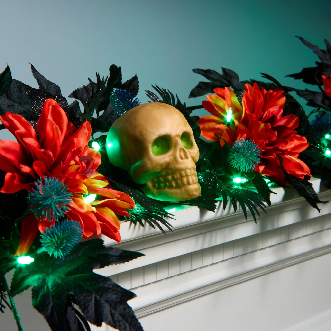 6 ft. Halloween Boo-tiful Garland with Orange Dahlia Flowers, White Skulls, LED Lights