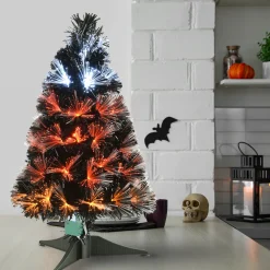 3 ft. Halloween Pre Lit Black Tree Decoration with Fiber Optic, Candy Corn Colored Lights