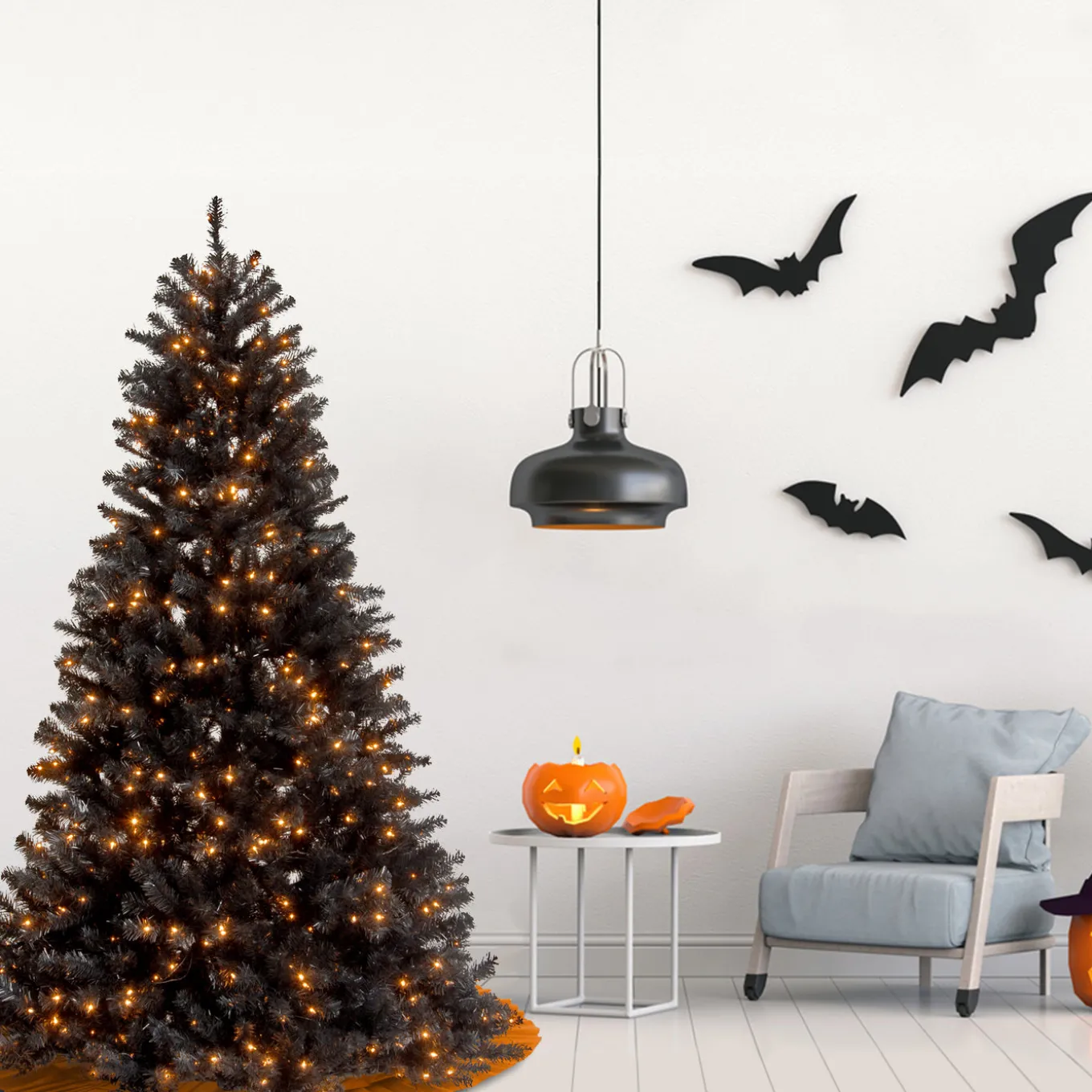 7.5 ft. Halloween Pre-Lit North Valley Spruce Full Black Tree with White Lights