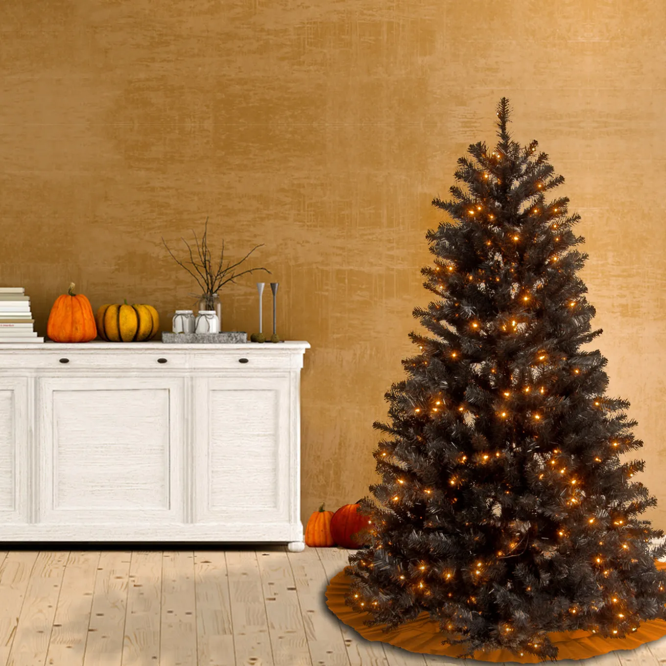 4.5 ft. Halloween Pre-Lit North Valley Spruce Full Black Christmas Tree with White Lights