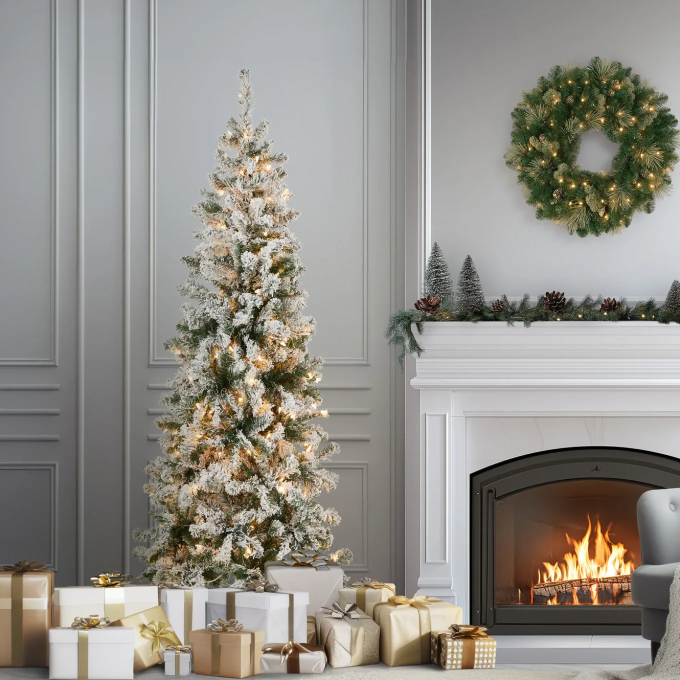 6 ft. Pre-Lit Acacia Medium Flocked Tree with Clear Lights