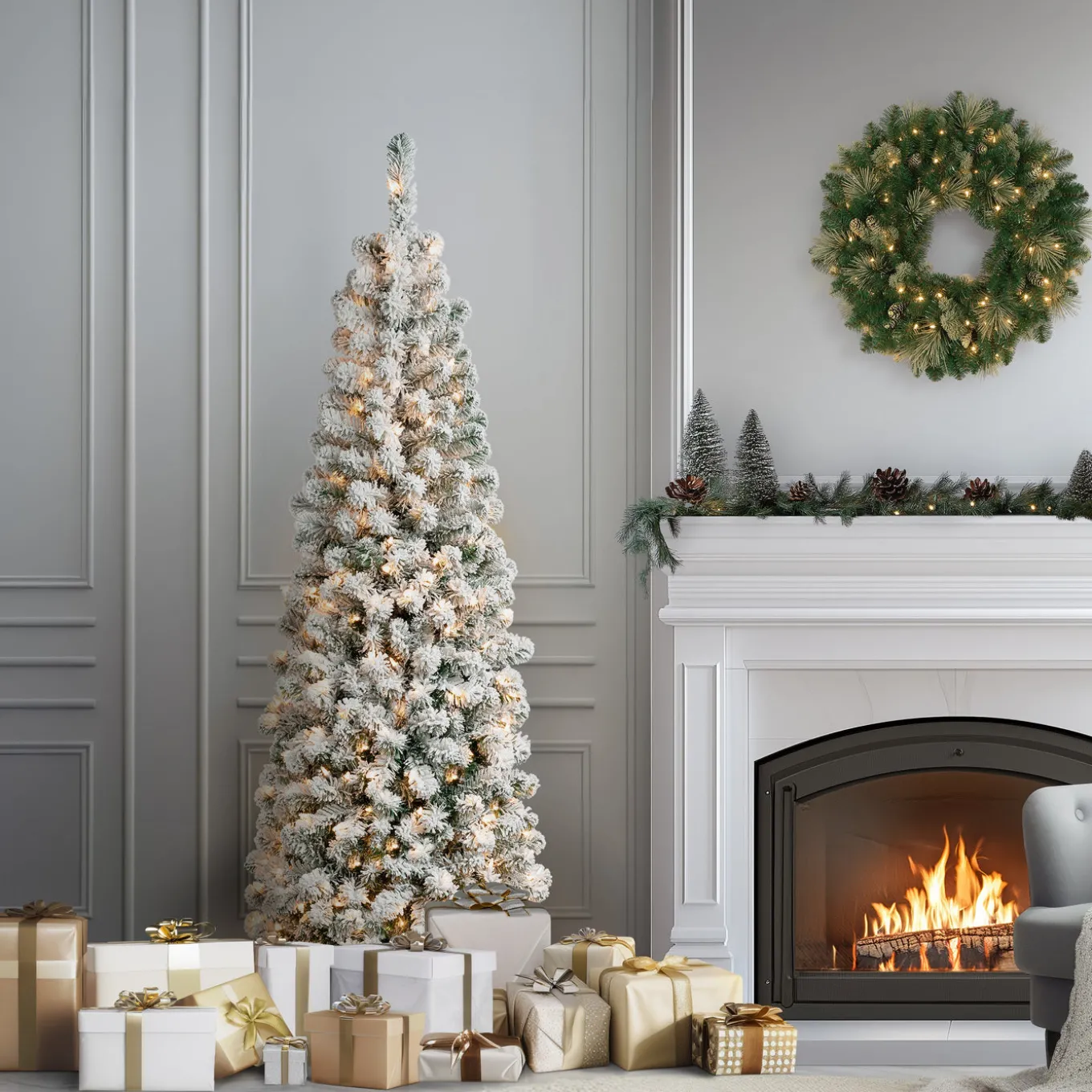 6 ft. Pre-Lit Acacia Pencil Slim Flocked Tree with Clear Lights