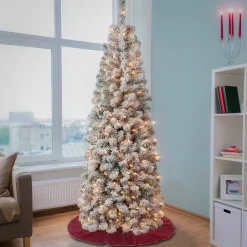 6 ft. Pre-Lit Acacia Pencil Slim Flocked Tree with Clear Lights