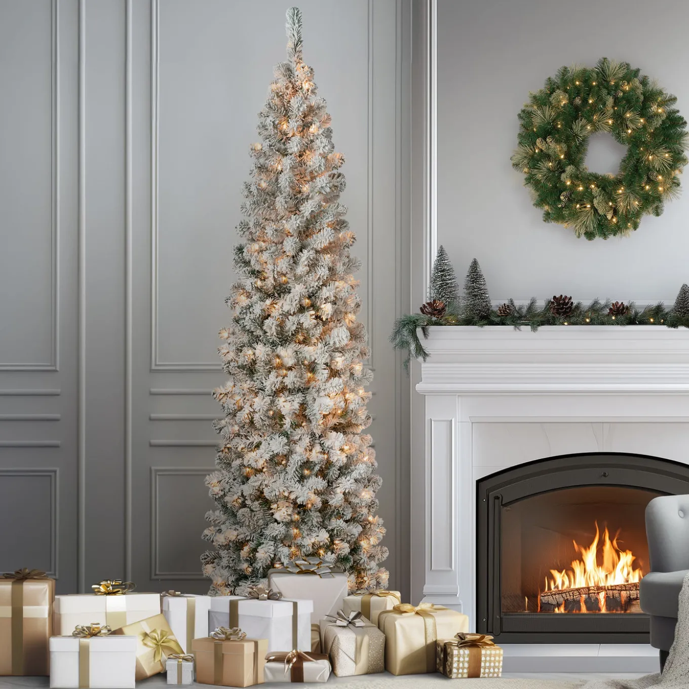 7.5 ft. Pre-Lit Acacia Pencil Slim Flocked Tree with Clear Lights