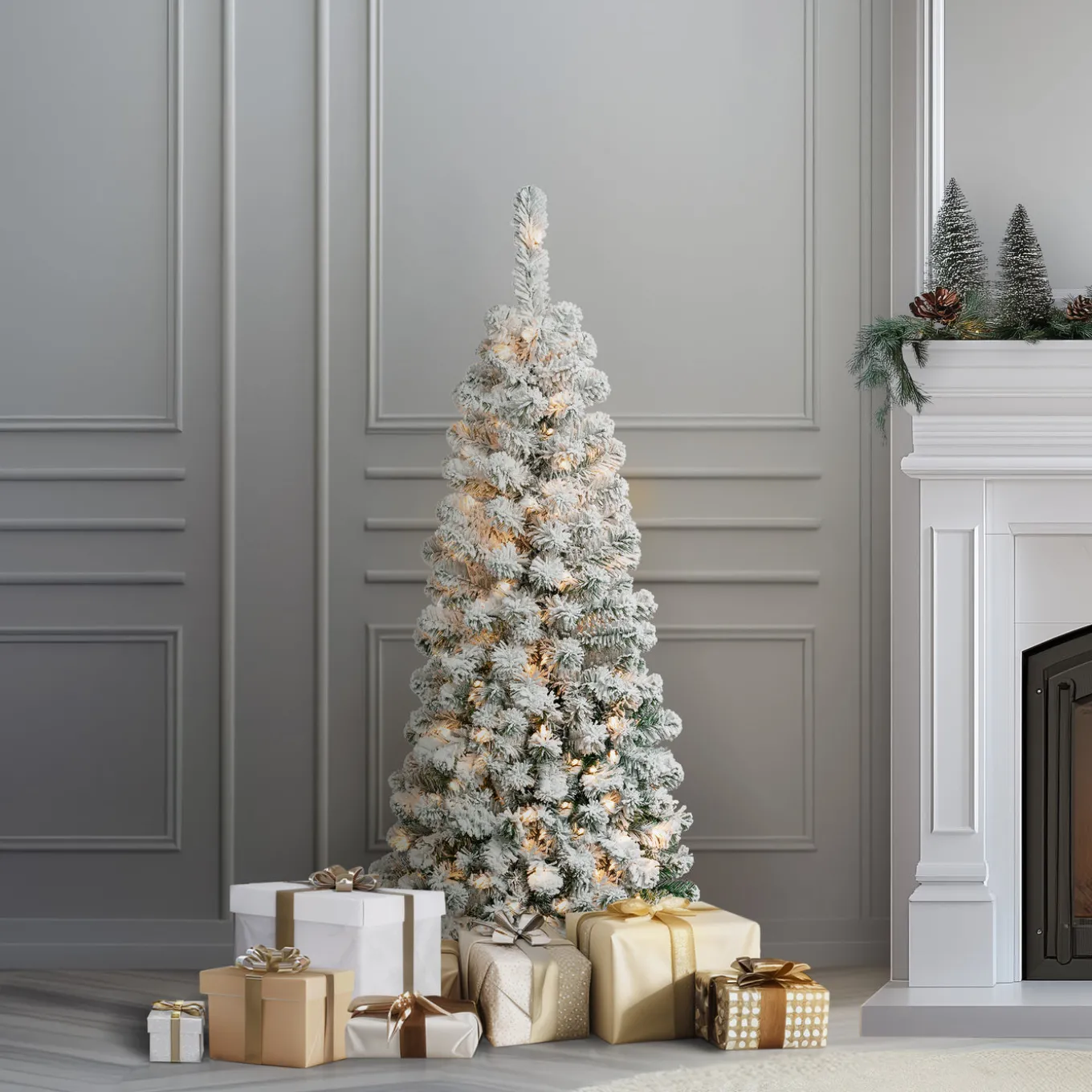 4.5 ft. Pre-Lit Acacia Pencil Slim Flocked Tree with Clear Lights