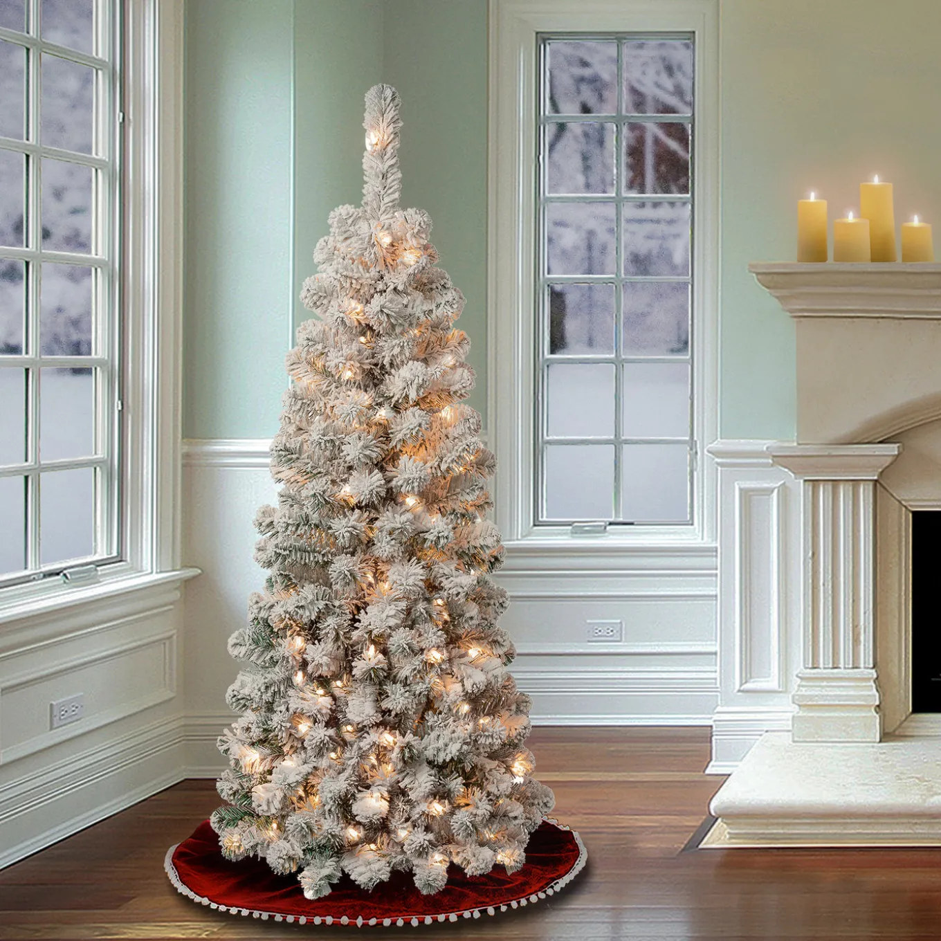 4.5 ft. Pre-Lit Acacia Pencil Slim Flocked Tree with Clear Lights