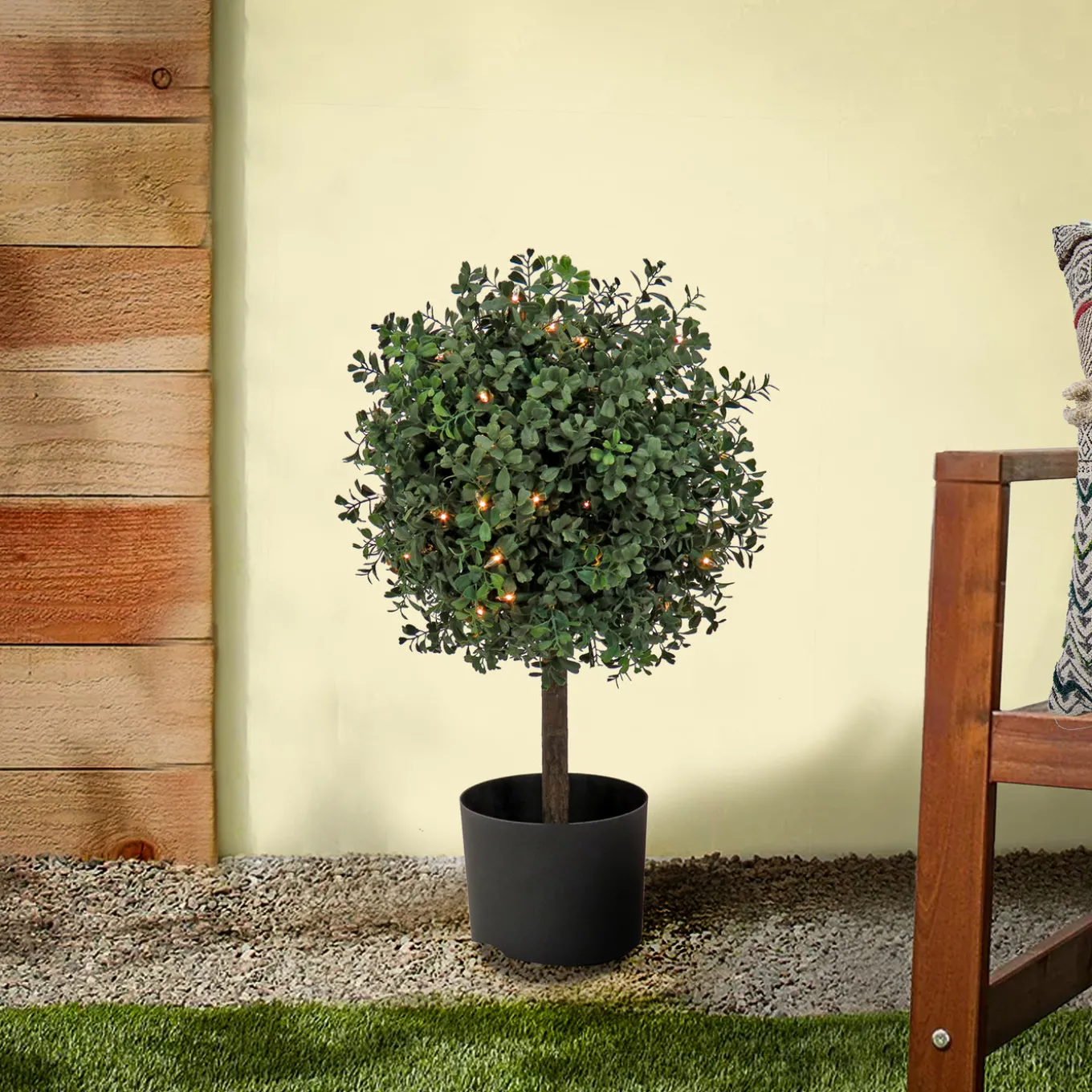 2 ft. Pre-Lit Boxwood Single Ball Topiary in Black Nursery Pot with Clear Lights