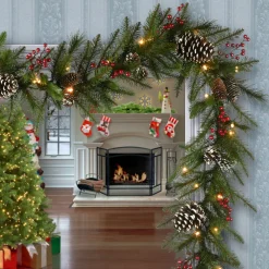 9 ft. Pre-Lit Bristle Berry Pine Garland with LED Lights