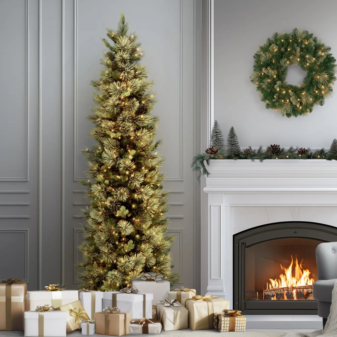 9 ft. Pre-Lit Carolina Pine Slim Tree with Clear Lights