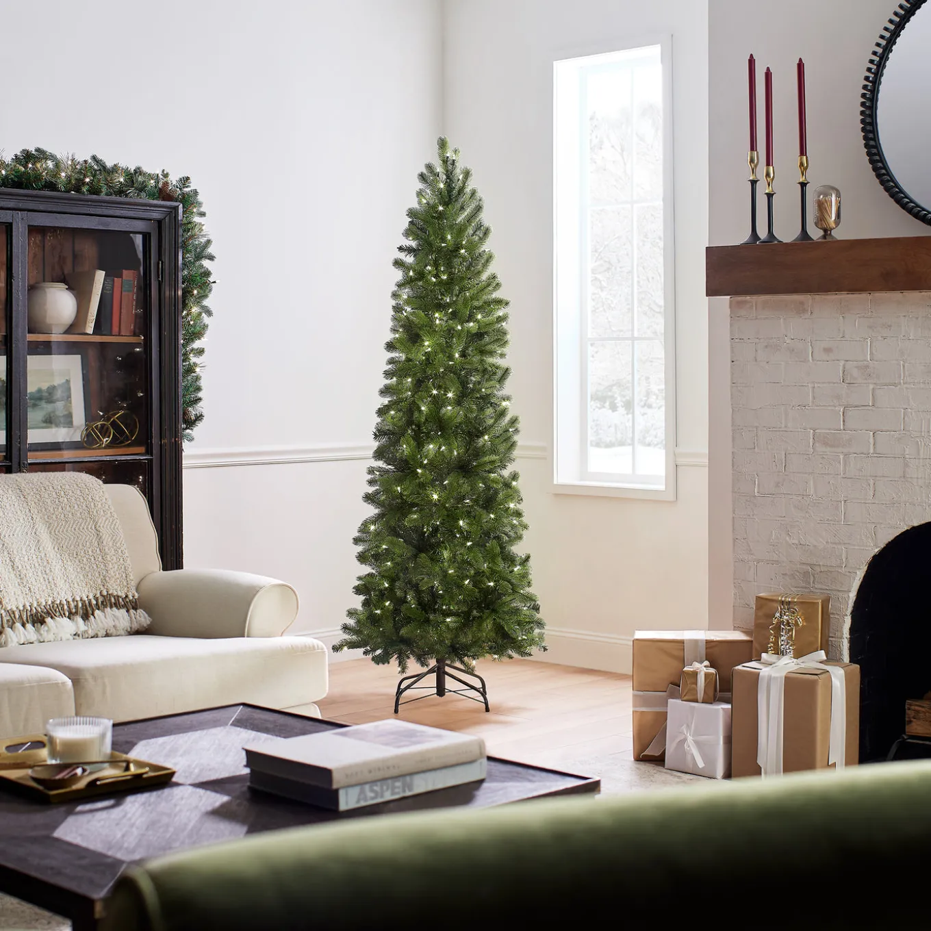 6.5 ft. Pre-Lit Downswept Douglas Fir Pencil Slim Tree with Dual Color LED Lights