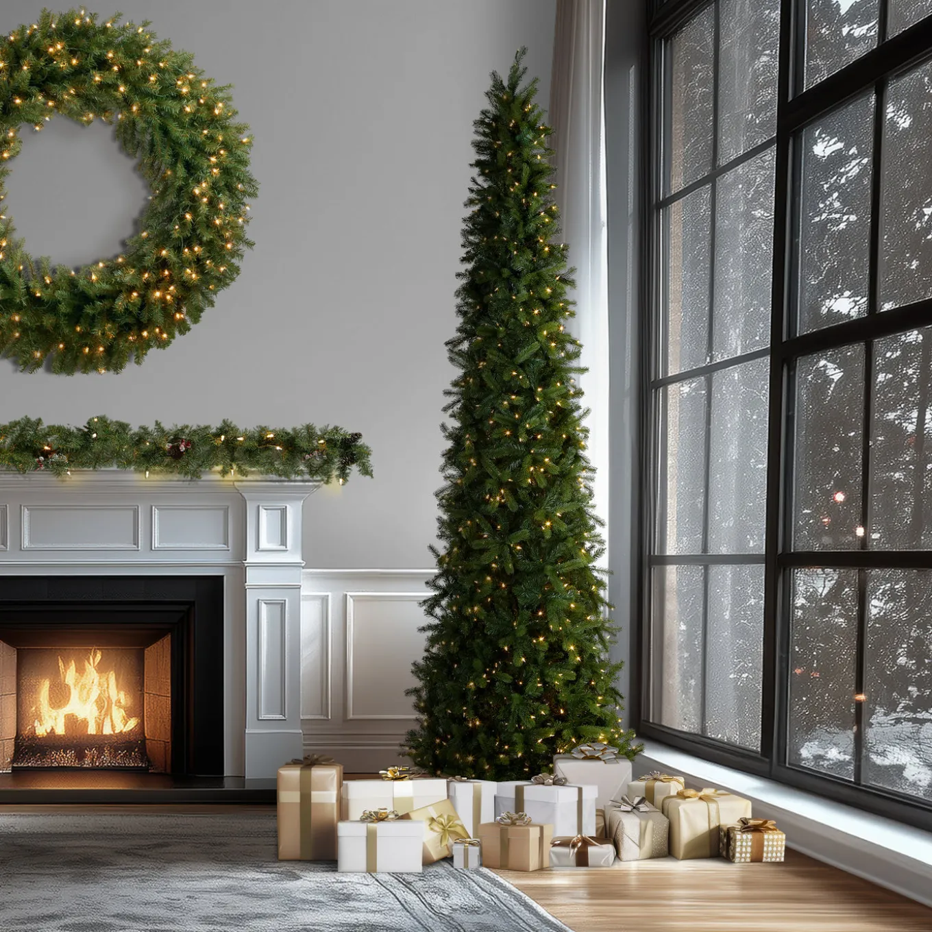 12 ft. Pre-Lit Downswept Douglas Fir Pencil Slim Tree with Dual Color LED Lights