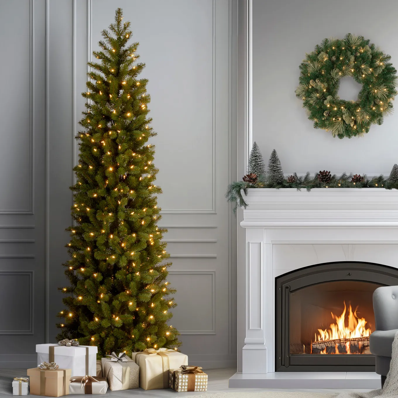 7.5 ft. Pre-Lit Downswept Douglas Fir Pencil Slim Tree with Dual Color LED Lights