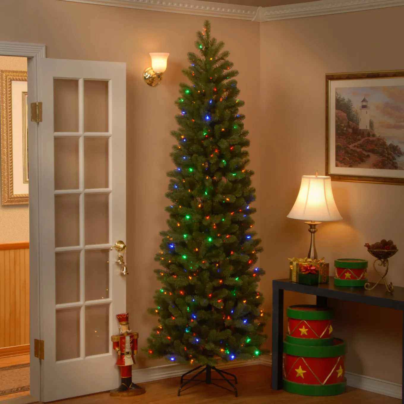 7.5 ft. Pre-Lit Downswept Douglas Fir Pencil Slim Tree with Dual Color LED Lights