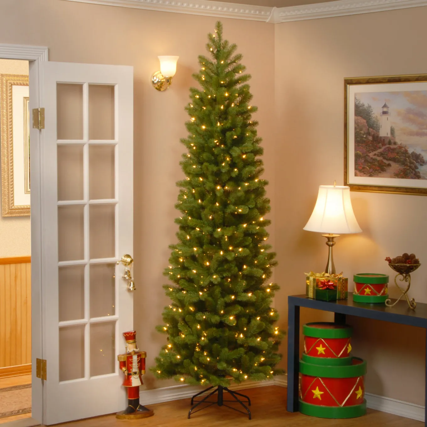 9 ft. Pre-Lit Downswept Douglas Fir Pencil Slim Tree with Dual Color LED Lights