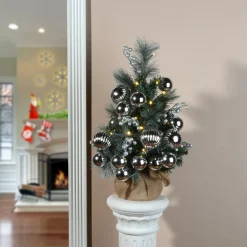 2 ft. Pre-Lit Frosted Silver Pine Tree with LED Lights