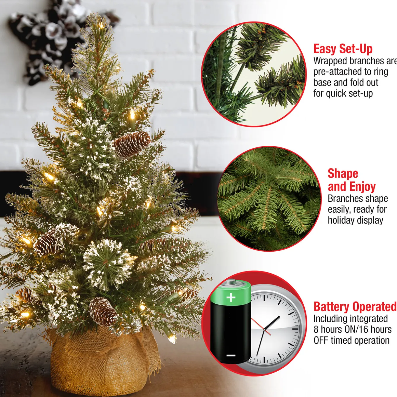 2 ft. Pre-Lit Glittery Bristle Tree with LED Lights