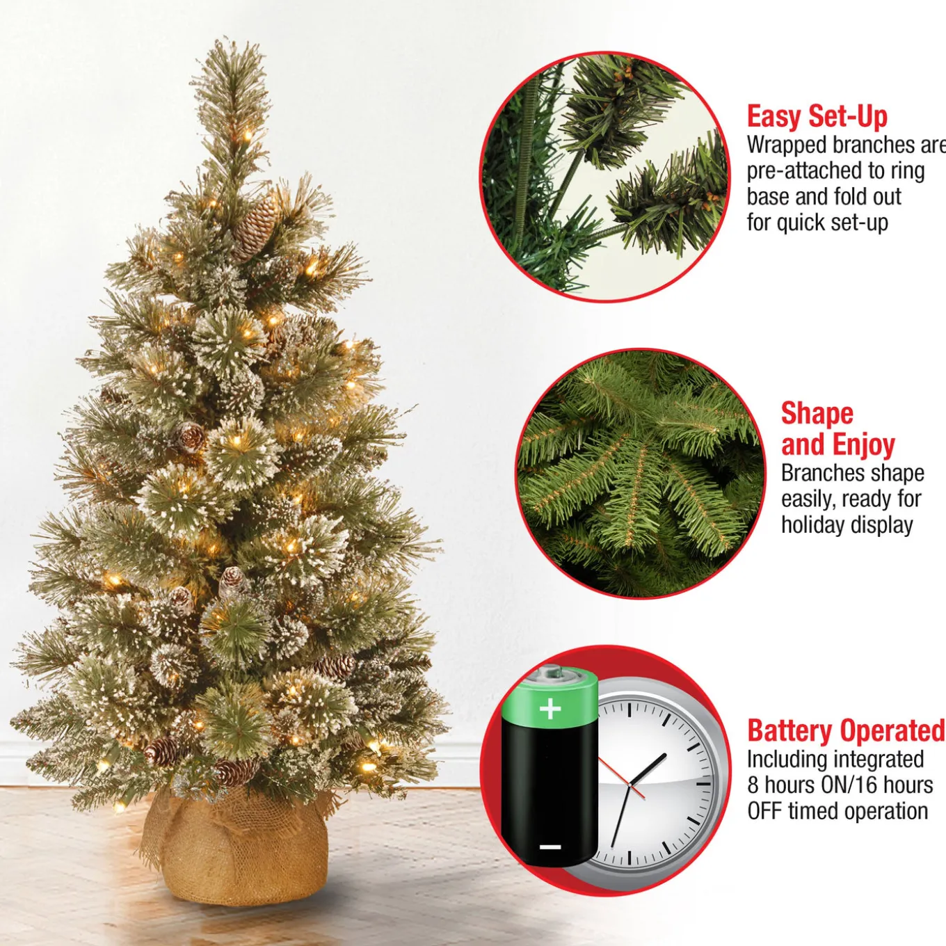 3 ft. Pre-Lit Glittery Bristle Tree with LED Lights