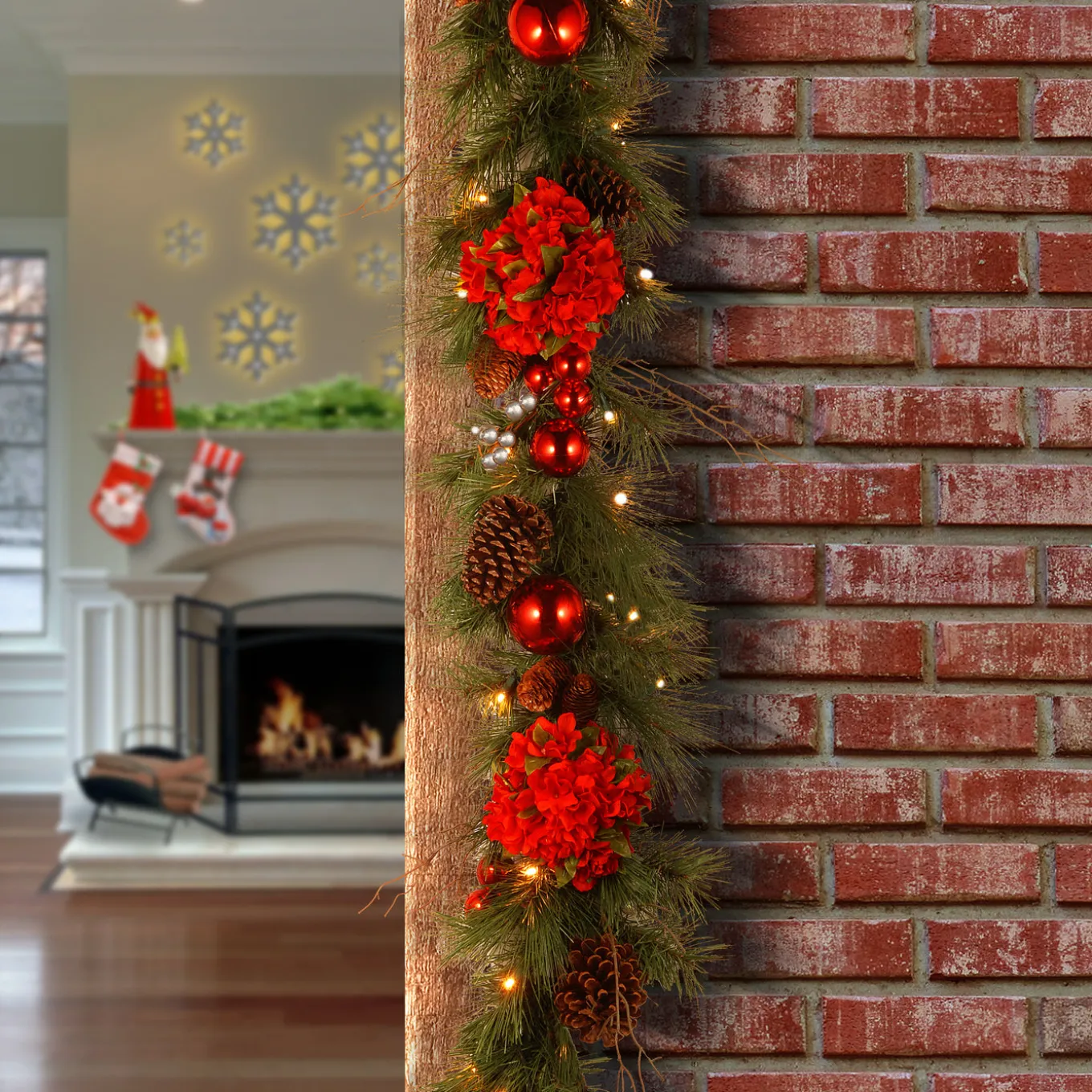 9 ft. Pre-Lit Hydrangea Pine Garland with Warm White LED Lights