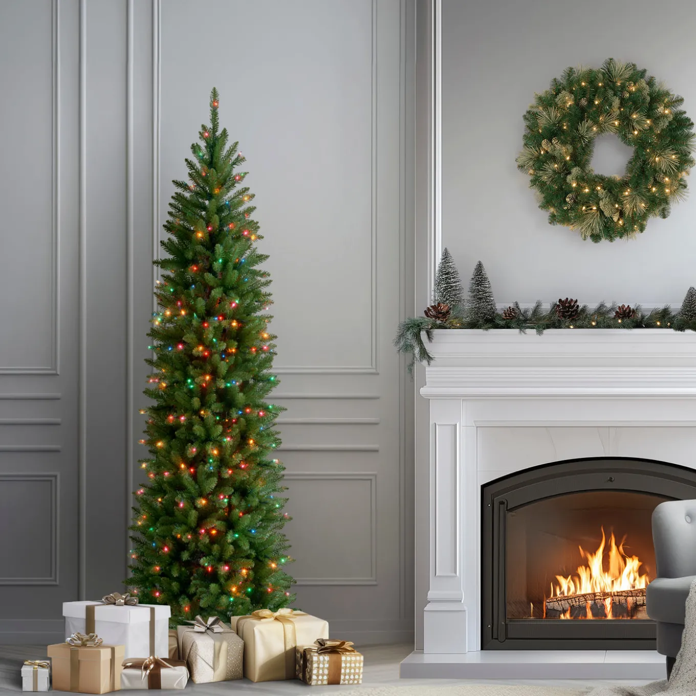 6.5 ft. Pre-Lit Kingswood Fir Pencil Tree with Multicolor Lights