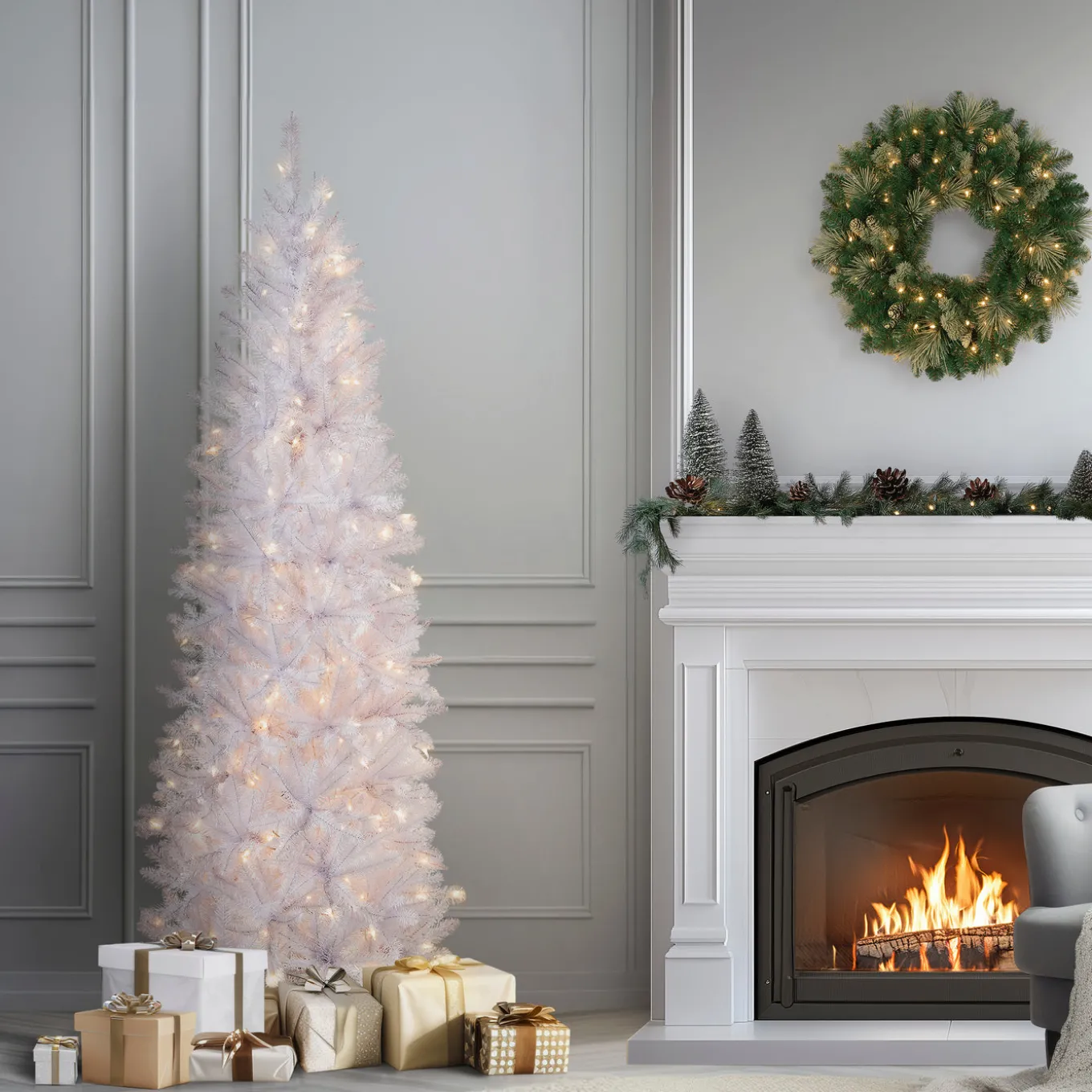 6.5 ft. Pre-Lit Kingswood Fir White Pencil Tree with Clear Lights