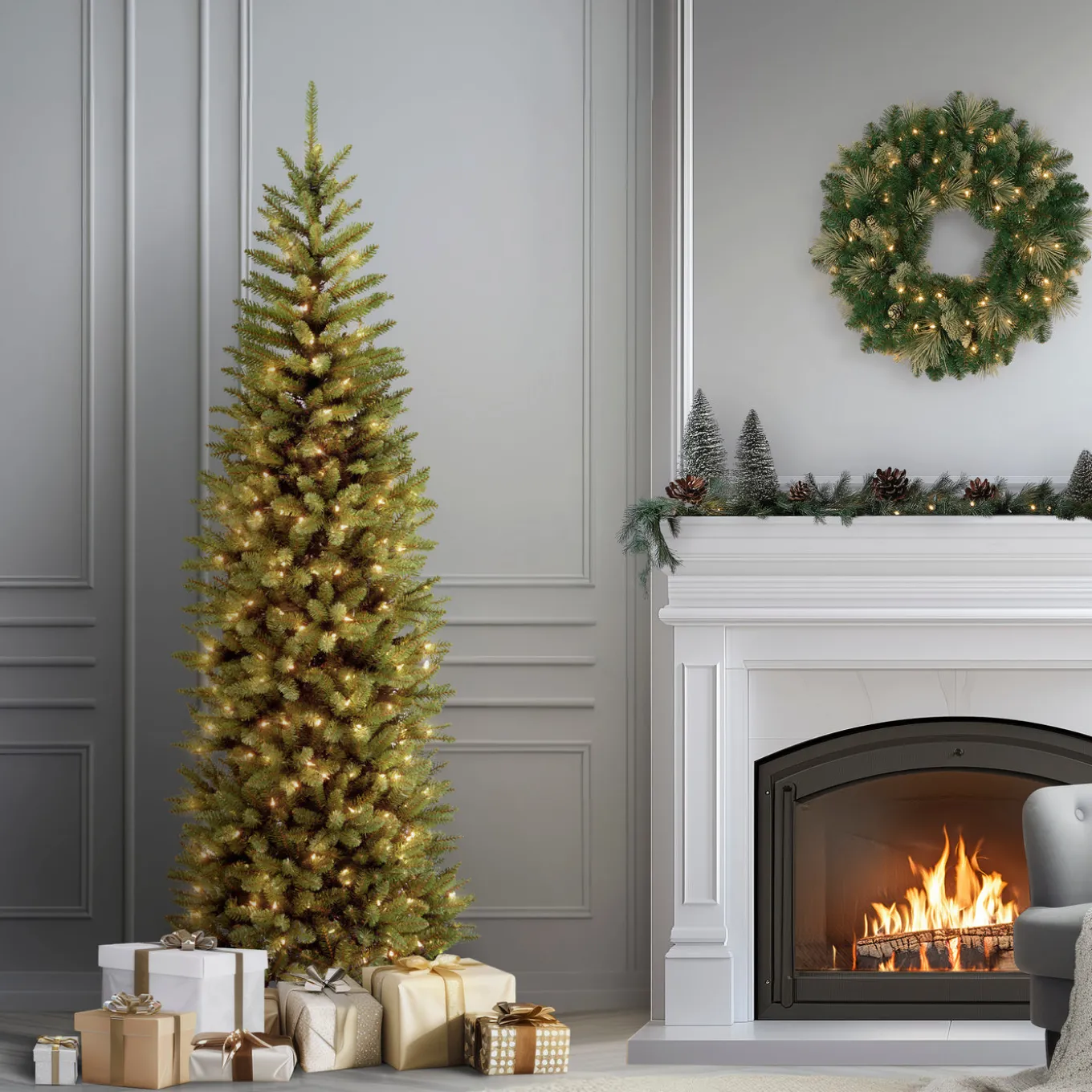 7 ft. Pre-Lit Kingswood Fir Pencil Tree with Power Connect Dual Color LED Lights
