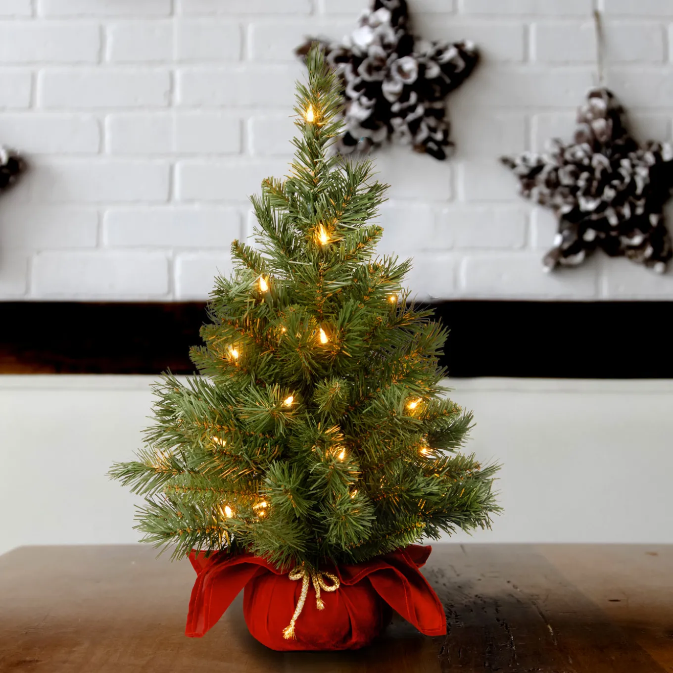 2 ft. Pre-Lit Majestic Fir Tree with Clear Lights, Burgandy Base