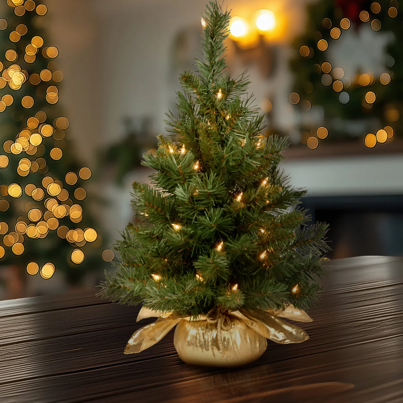 2 ft. Pre-Lit Majestic Fir Tree with Clear Lights, Gold Base