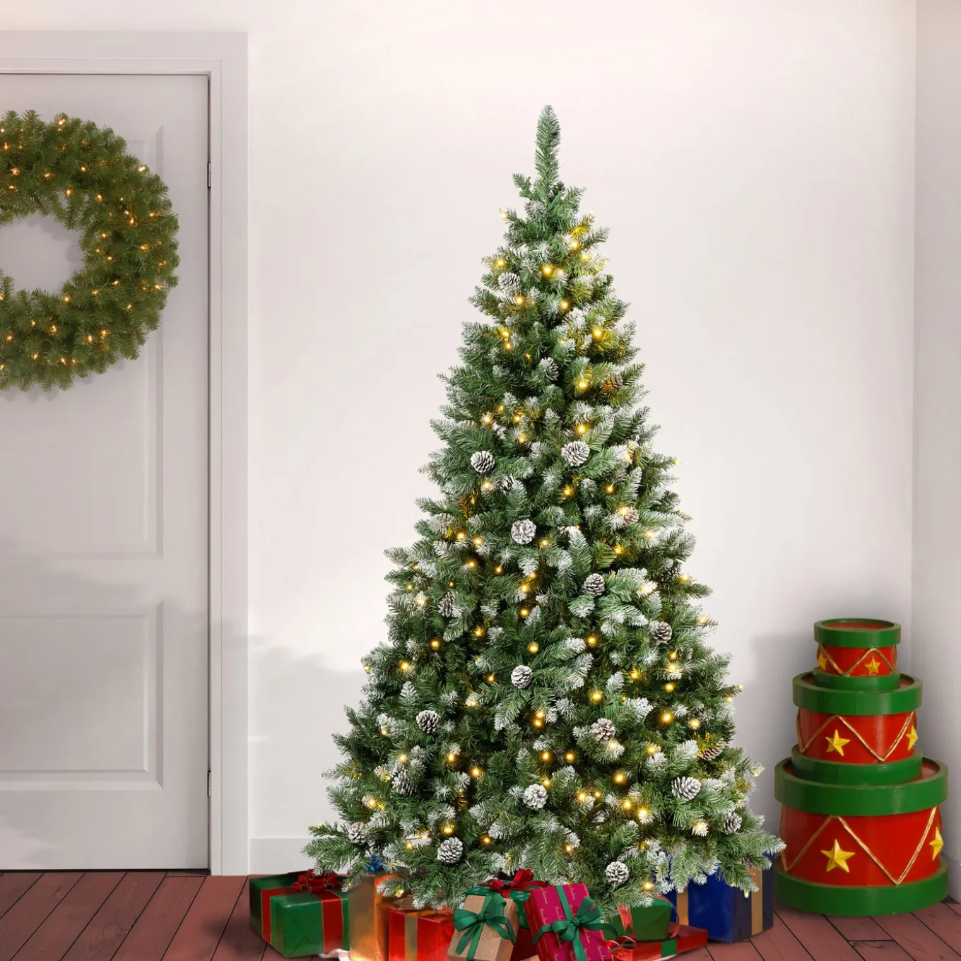 6 ft. Pre-Lit Oakley Hills Snow Tree with Warm White LED Lights