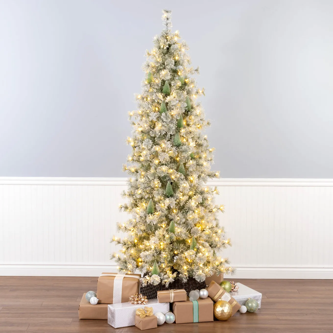 7.5 ft. Pre-Lit Snowy Bottle Brush Slim Tree with Clear Lights