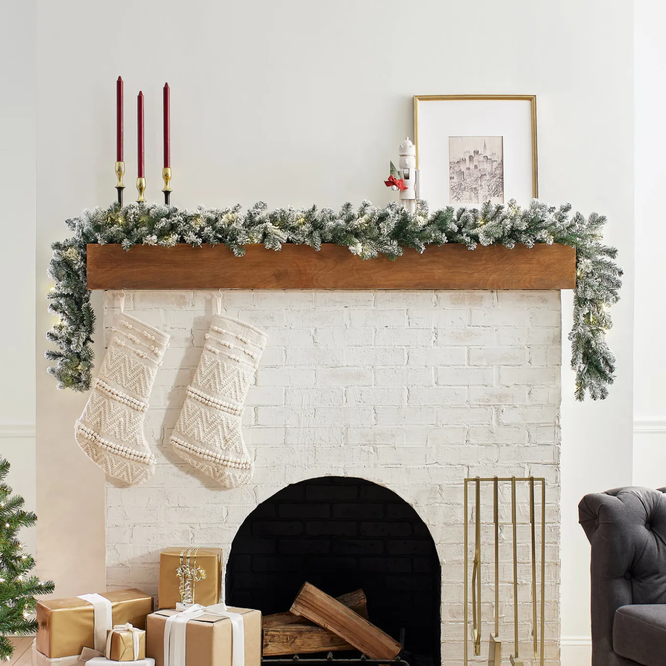 9 ft. Pre-Lit Snowy Camden Garland with Clear Lights