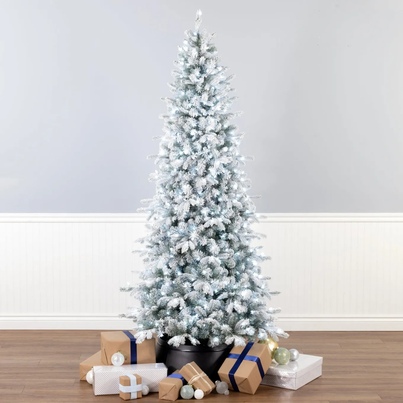 6 ft. Pre-Lit Snowy Comet Slim Blue Tree with LED Lights