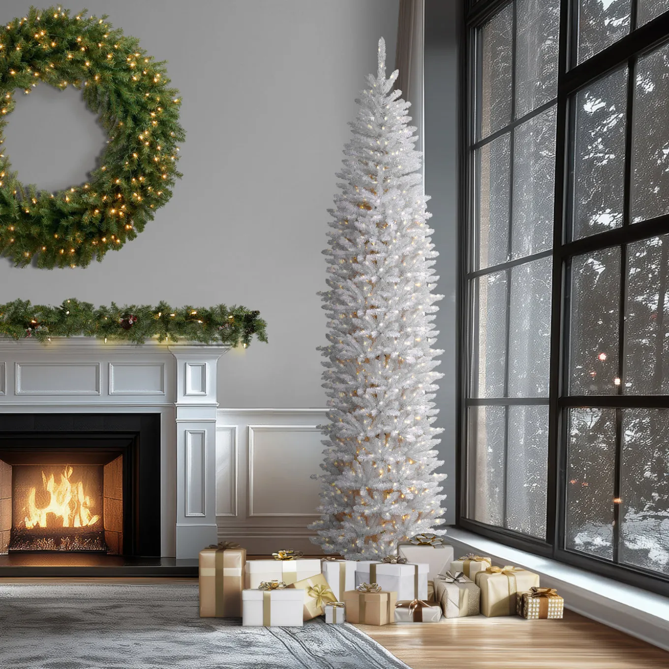 12 ft.Pre-Lit Kingswood Fir White Pencil Slim Tree with Clear Lights