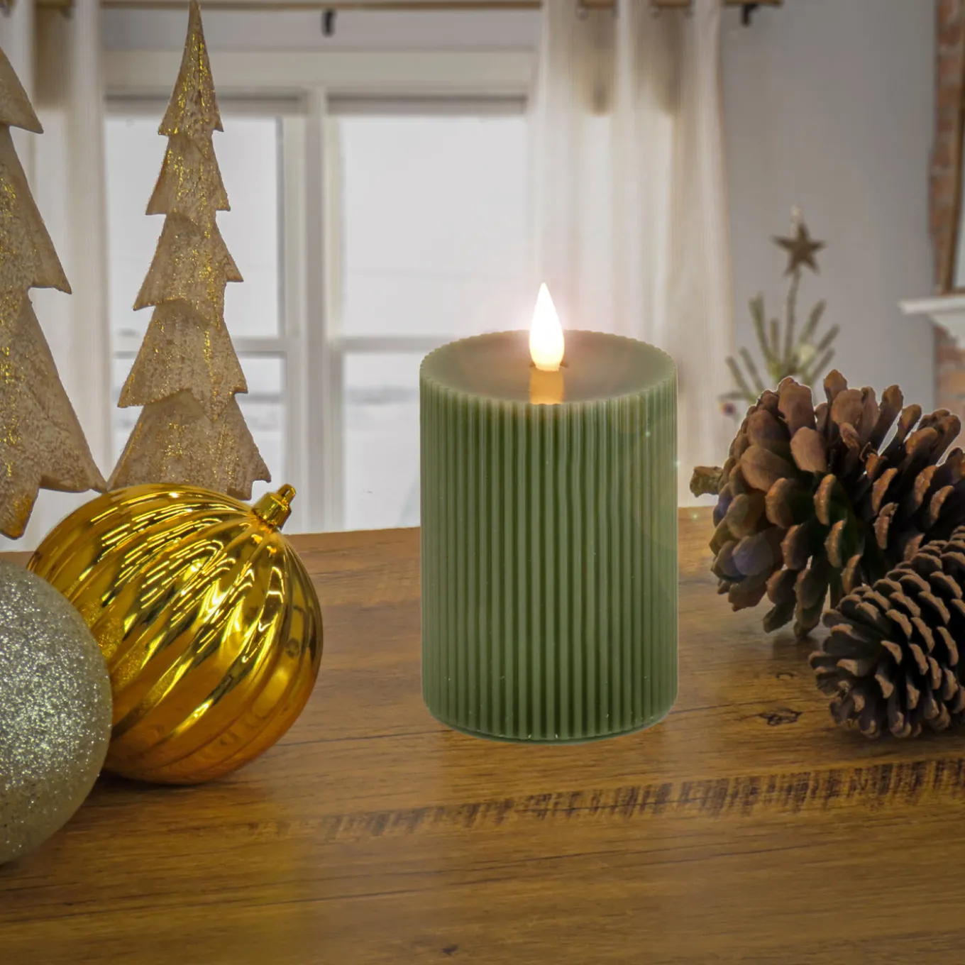 5 in. by 9 in. HGTV Home Collection Flameless Georgetown Pillar Candle, Dk Green