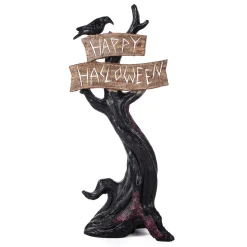 32 in. Crow Standing on Tree with Happy Halloween Sign Table Decoration