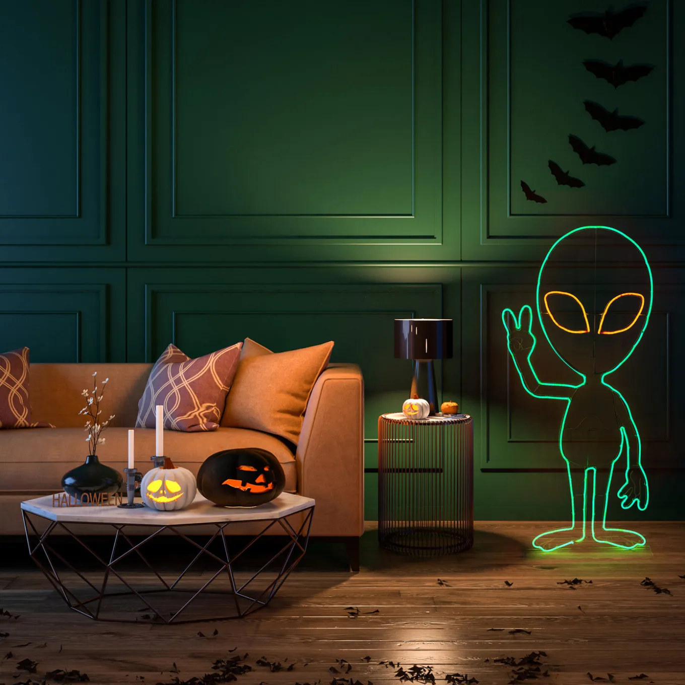 40 in. 2D Alien with Neon Green and Orange LED Lights