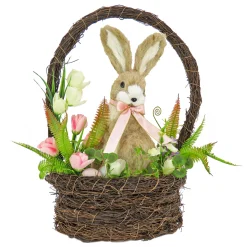17 in. Easter Bunny Sitting in Basket of Flowers Table Decoration