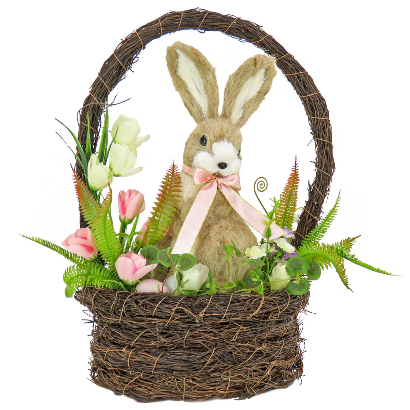 17 in. Easter Bunny Sitting in Basket of Flowers Table Decoration