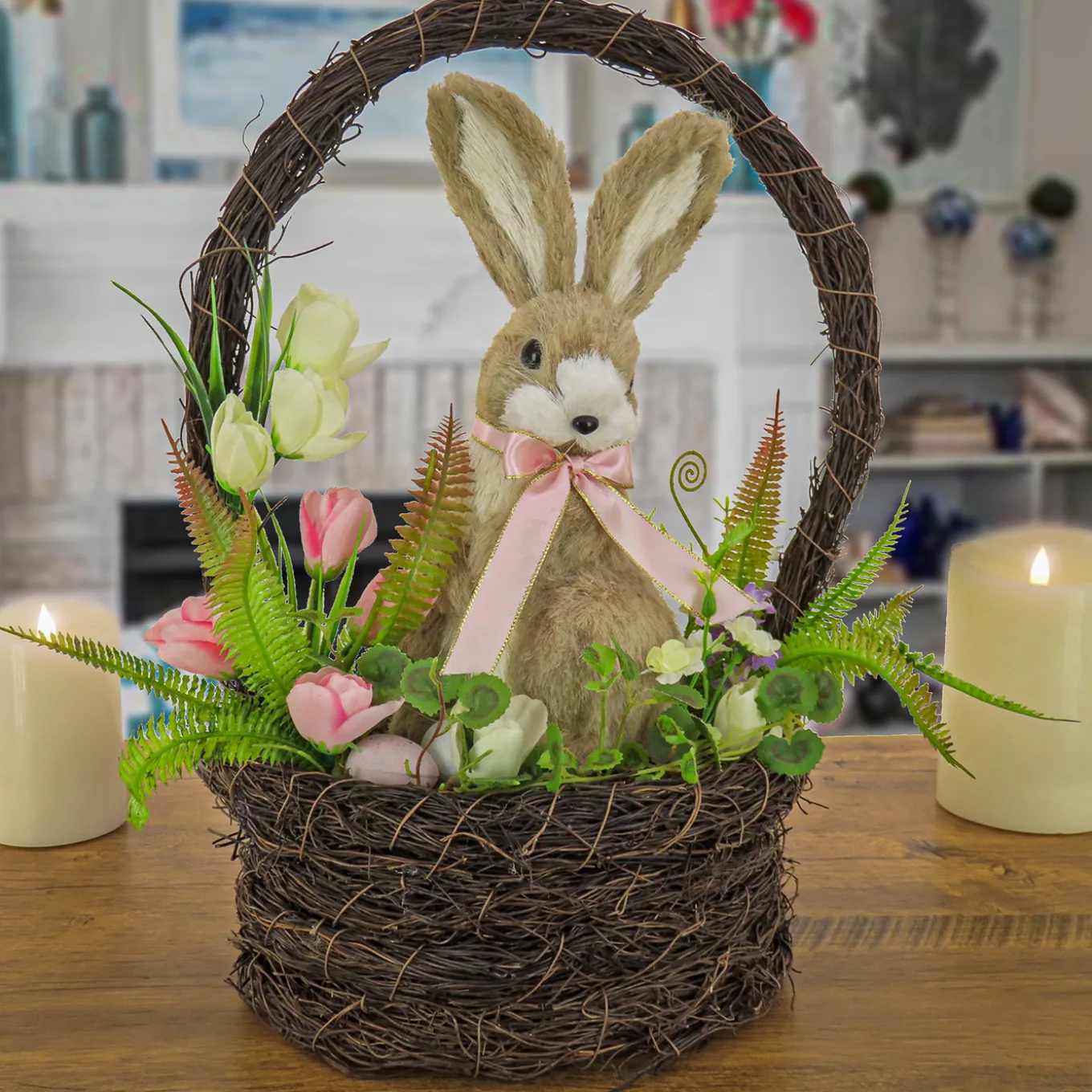 17 in. Easter Bunny Sitting in Basket of Flowers Table Decoration