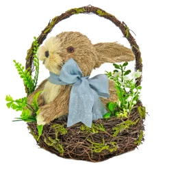 10 in. Easter Bunny with Blue Bow in Floral Basket Table Decoration