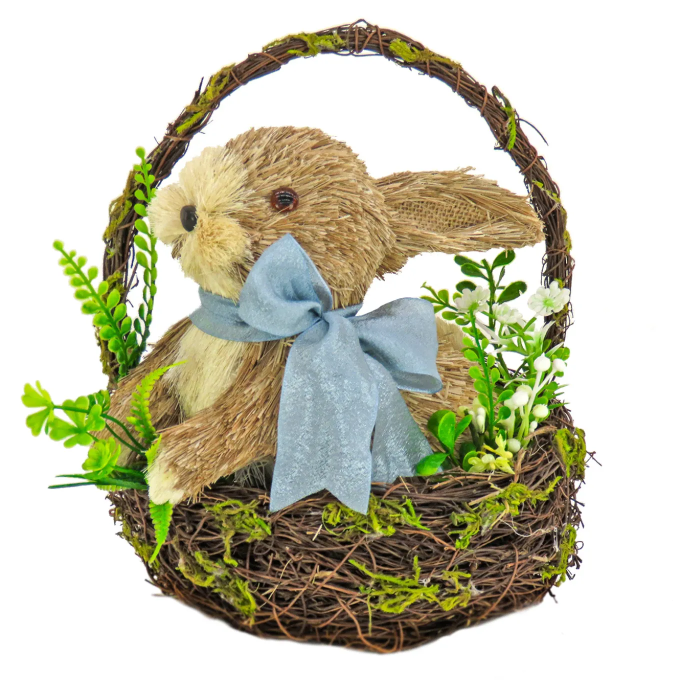 10 in. Easter Bunny with Blue Bow in Floral Basket Table Decoration