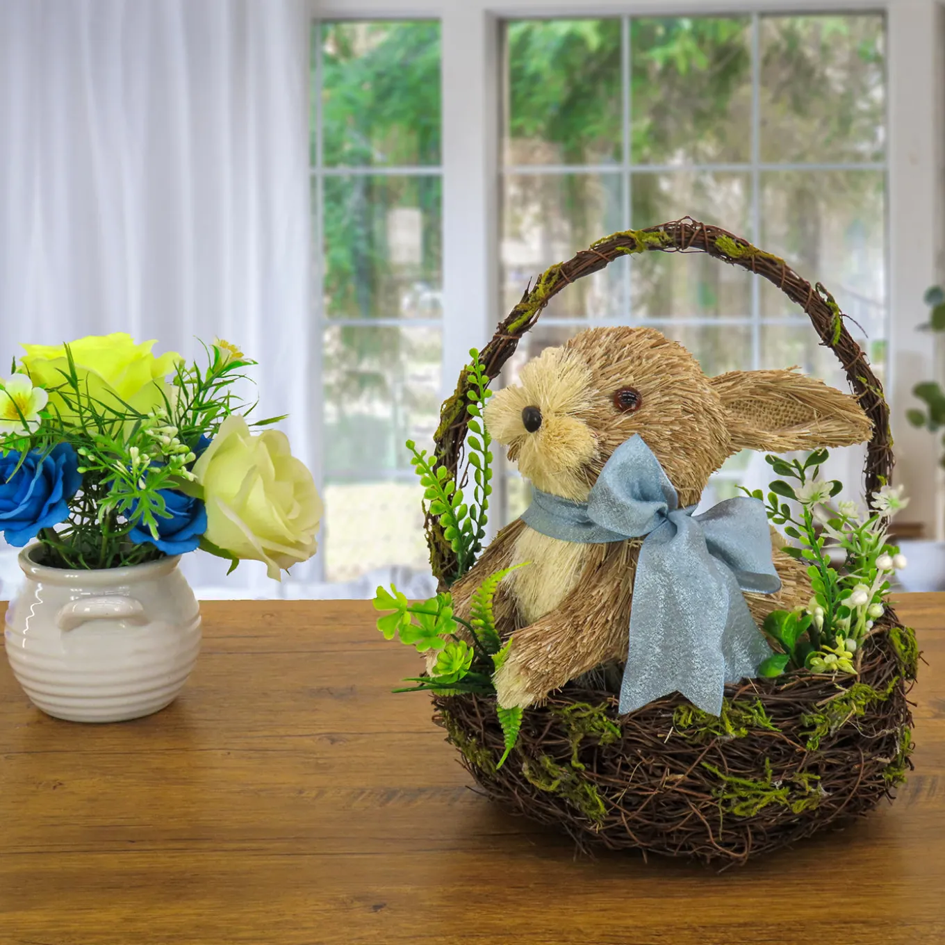 10 in. Easter Bunny with Blue Bow in Floral Basket Table Decoration
