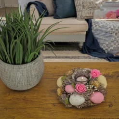 7 in. Easter Candleholder Table Decoration Decorated with Pastel Eggs and Flower Blooms