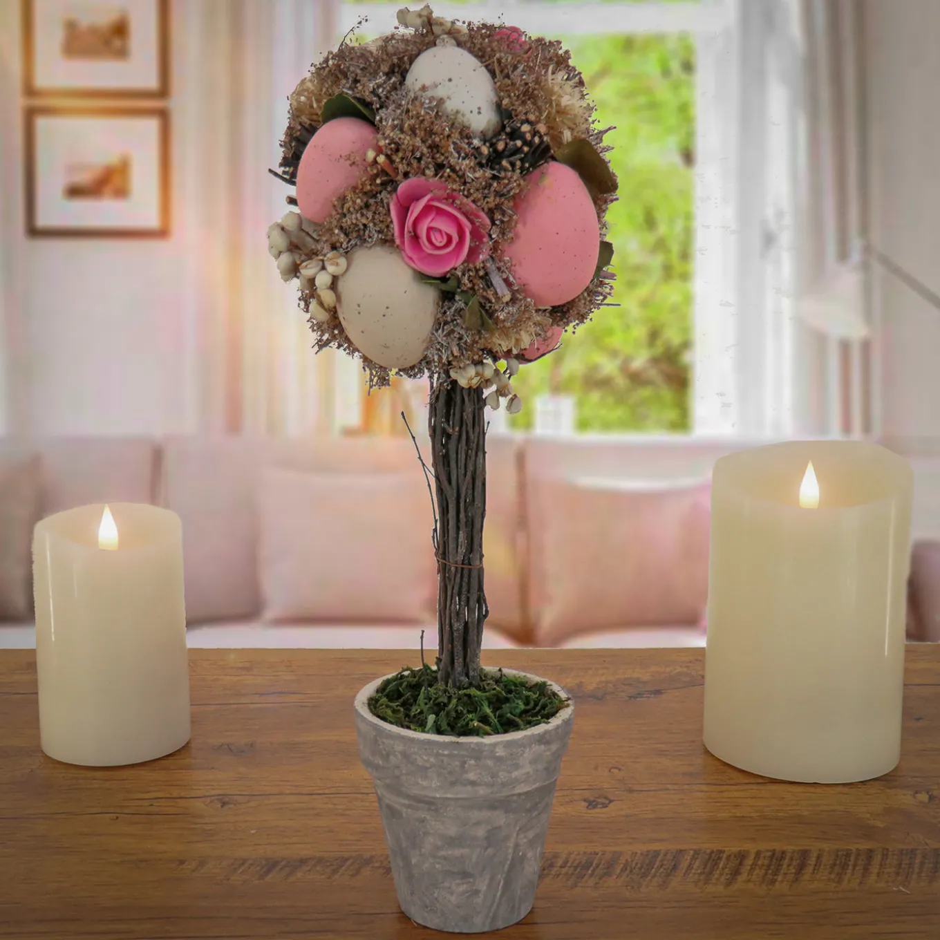 14 in. Easter Single Ball Topiary Potted Plant Decorated with Pastel Eggs