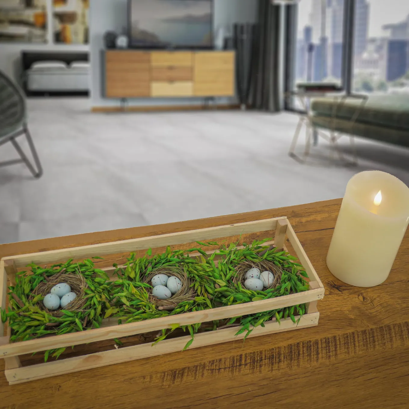 17 in. Easter Triple Nest Table Decoration Decorated with Pastel Eggs, and Wooden Box