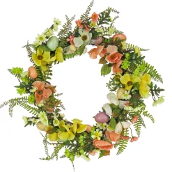 22 in. Easter Wreath Decorated with Colorful Pastel Eggs, Pink and Yellow Flowers, Ferns, Leafy Greens