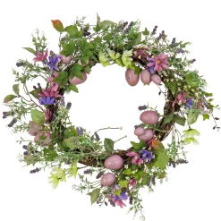 22 in. Easter Wreath Decorated with Purple Pastel Eggs, Pink Flowers, Leafy Greens