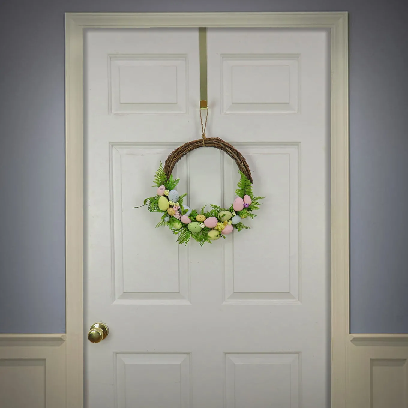 16 in. Easter Wreath Decorated with Pastel Eggs, Fern Fronds, Flower Blooms