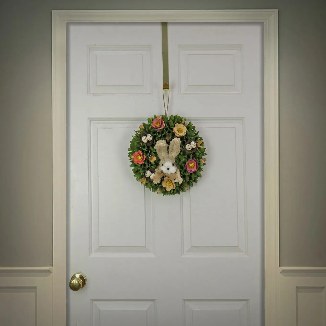 13 in. Easter Wreath Decorated with Colorful Flower Blooms, Bunny and Pastel Eggs